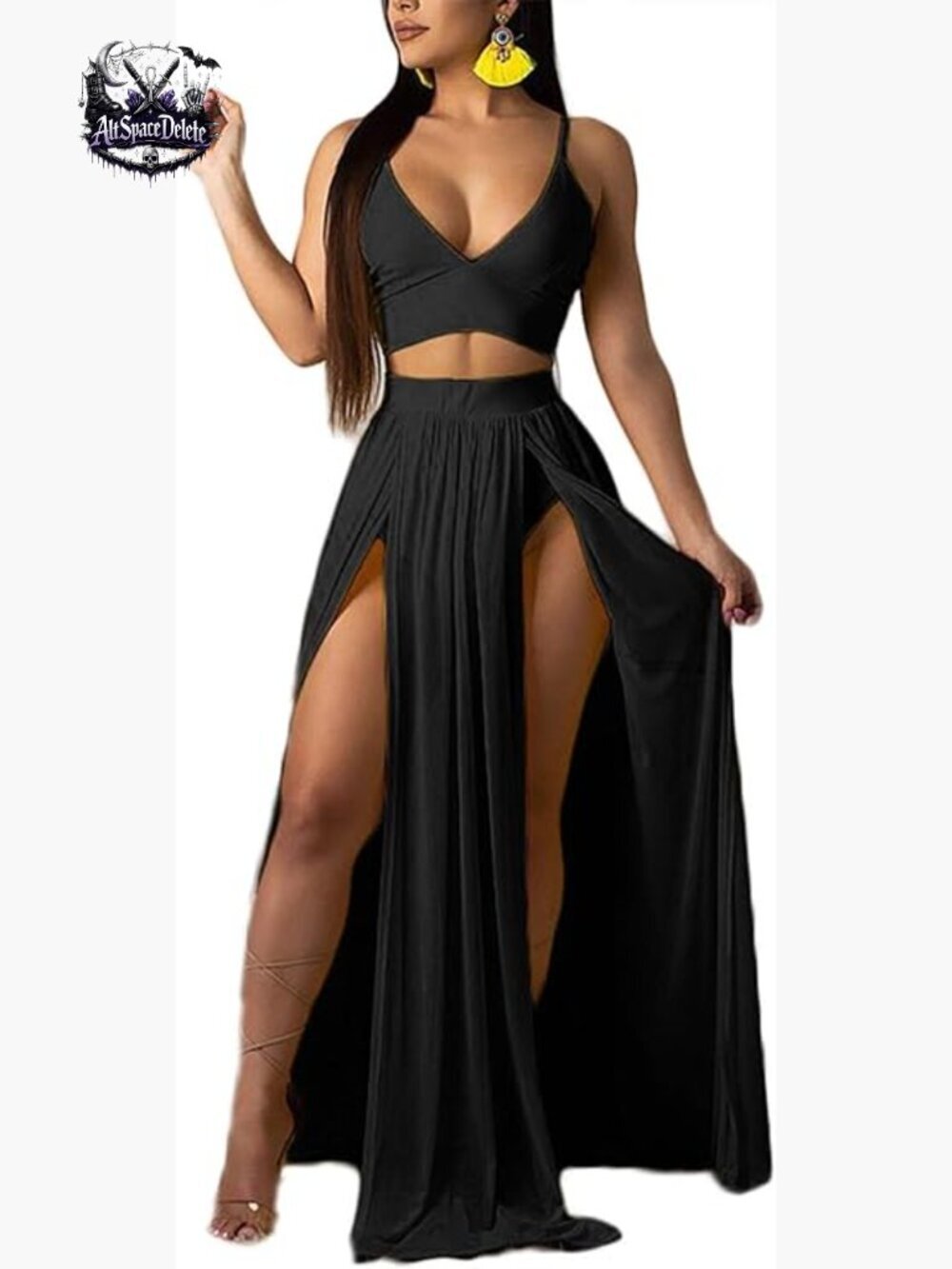 Chiffon 2-Piece Set: Crop Top & Maxi Skirt, Deep V-Neck, High Split